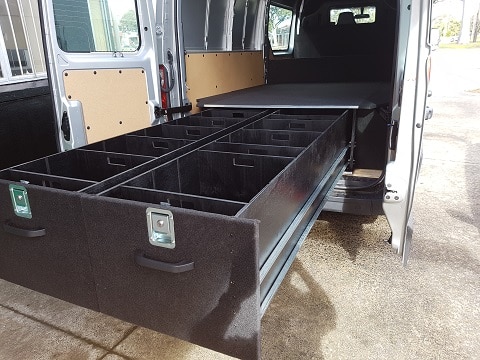 A van equipped with a storage unit designed by Australias top manufacturer
